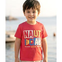 Babyhug Cotton  Knit Half Sleeves T-Shirt With Nautical Text Print - Red
