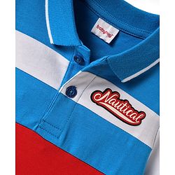 Babyhug Cotton Knit Half Sleeves Cut & Sew Polo T-Shirt With Stripes & Nautical Text Print Badge - Blue & White