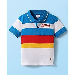 Babyhug Cotton Knit Half Sleeves Cut & Sew Polo T-Shirt With Stripes & Nautical Text Print Badge - Blue & White