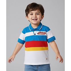 Babyhug Cotton Knit Half Sleeves Cut & Sew Polo T-Shirt With Stripes & Nautical Text Print Badge - Blue & White