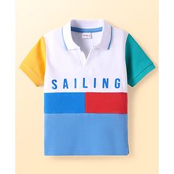 Babyhug Cotton Knit Half Sleeves  Cut & Sew Polo T-Shirt With Sailing Text Print - Blue & Yellow