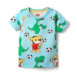 Babyhug Cotton Knit Half Sleeves T-Shirt with Animal Print - Aqua Blue