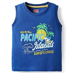 Babyhug Cotton Knit Sleeveless Tank T-Shirt With Pacific Island Text Print- Navy Blue