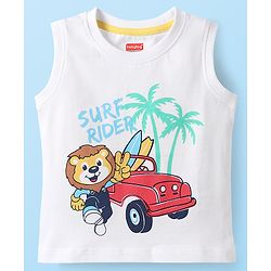 Babyhug Cotton Knit Sleeveless Tank T-Shirt With Animal & Surf Rider Text Print - White