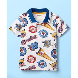 Babyhug 100% Cotton Knit Polo T-Shirt with Baseball Theme Print - White