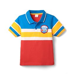 Babyhug 100% Cotton Knit Striped Polo T-Shirt with Badge Detailing - Red