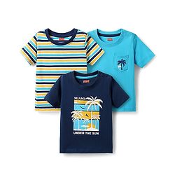 Babyhug Cotton Knit Half Sleeves T-Shirts with Tropical Theme Print & Stripes Pack of 3 - Navy & Aqua Blue