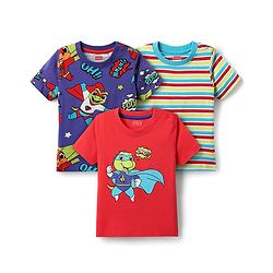 Babyhug Cotton Knit Half Sleeves T-Shirts with Dino Print & Stripes Pack of 3 - Navy Blue & Red