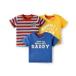 Babyhug Cotton Knit Half Sleeves T-Shirts with Text Print & Stripes Pack of 3 - Yellow Blue & White