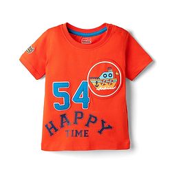 Babyhug Cotton Knit Half Sleeves T-Shirts With Badge Detailing & Happy Time Text Print - Orange