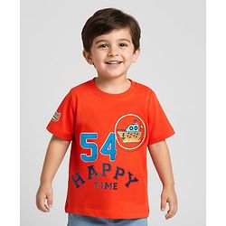 Babyhug Cotton Knit Half Sleeves T-Shirts With Badge Detailing & Happy Time Text Print - Orange