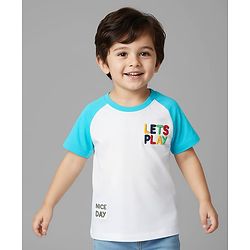 Babyhug Cotton Knit Half Raglan Sleeves Oversized T-Shirt With Lets Play Embroidery Text Print -Light Blue & White