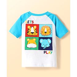 Babyhug Cotton Knit Half Raglan Sleeves Oversized T-Shirt With Lets Play Embroidery Text Print -Light Blue & White