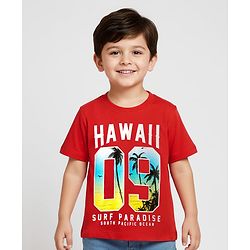 Babyhug Cotton Knit Half Sleeves T-Shirt With Hawaii Text Print - Red