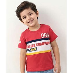 Babyhug Cotton Knit Half Sleeves T-Shirt with Racing Champion Print - Red & White