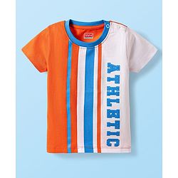 Babyhug Cotton Knit Half Sleeves T-Shirt with Athletic Text Print - Orange & White