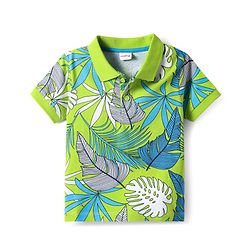 Babyhug Cotton Knit Half Sleeves Polo T-Shirt With Leaves Print - Green & Blue