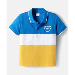 Babyhug Cotton Knit Half Sleeves Cut & Sew Polo T-Shirt With Choose Happy Embroidery Detailing - Blue & White