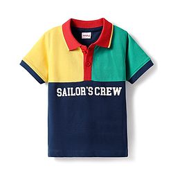 Babyhug Cotton Knit Half Sleeves Cut & Sew Polo T-Shirt With Sailors Crew Text Print - Navy Blue & Yellow