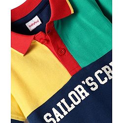 Babyhug Cotton Knit Half Sleeves Cut & Sew Polo T-Shirt With Sailors Crew Text Print - Navy Blue & Yellow