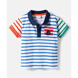 Babyhug Cotton Knit Half Sleeves Polo T-Shirt With Stripes - Blue & White