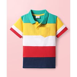 Babyhug Cotton Knit Half Sleeves Cut & Sew Polo T-Shirt With Stripes - Green & Yellow