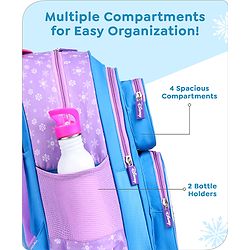 Babyhug Disney Frozen Sisters Trolley Backpack|2 Compartments, 2 Front Pockets, 2 side Bottle Pockets|Water Resistant|Long lasting & Durable Zippers|For School & Outdoors|Blue- 15.8 inches