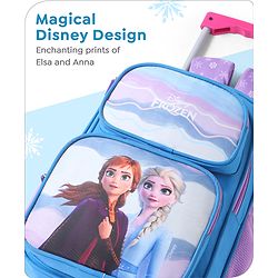 Babyhug Disney Frozen Sisters Trolley Backpack|2 Compartments, 2 Front Pockets, 2 side Bottle Pockets|Water Resistant|Long lasting & Durable Zippers|For School & Outdoors|Blue- 15.8 inches