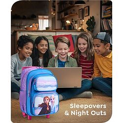 Babyhug Disney Frozen Sisters Trolley Backpack|2 Compartments, 2 Front Pockets, 2 side Bottle Pockets|Water Resistant|Long lasting & Durable Zippers|For School & Outdoors|Blue- 15.8 inches