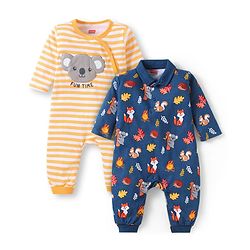 Babyhug 100% Cotton Knit Rompers with Stripes & Animal Print Pack of 2 - Yellow & Navy Blue
