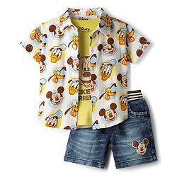 Babyhug Disney Single Jersey Knit Half Sleeves Shirt with Sleeveless Inner Tee & Denim Shorts Set with Mickey Mouse Graphics - Multicolor