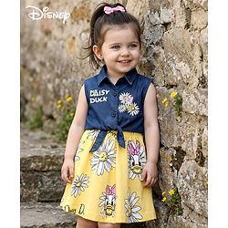 Babyhug Disney 100% Cotton Sleeveless Frock With Minnie Mouse Family Graphics - Yellow & Navy Blue