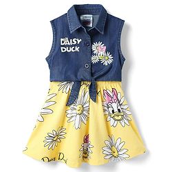 Babyhug Disney 100% Cotton Sleeveless Frock With Minnie Mouse Family Graphics - Yellow & Navy Blue