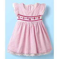Babyhug Cotton Knit Half Sleeves  Frock With Strawberry Embroidery - Pink