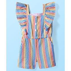 Babyhug Cotton Knit Frill Sleeves Striped Jumpsuit - Multicolor