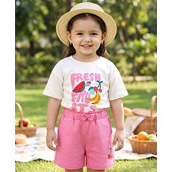 Babyhug Single Jersey Knit Half Sleeves Top & Shorts with Fruit Print - White & Pink