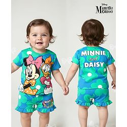 Babyhug Disney Single Jersey Knit Half Sleeves T-Shirt & Short Set With Front & Back Minnie Mouse Print - Sea Green