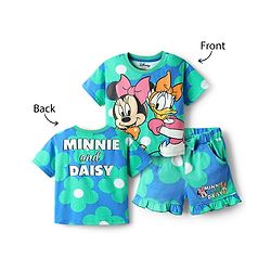Babyhug Disney Single Jersey Knit Half Sleeves T-Shirt & Short Set With Front & Back Minnie Mouse Print - Sea Green