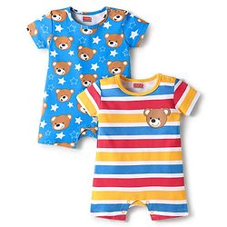 Babyhug Interlock Knit Half Sleeves Romper with Stripes & Animal Print  Pack of 2 - Blue & Yellow