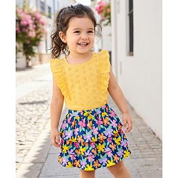 Babyhug Single Jersey Knit Frill Sleeves Schiffli Top & Skirt Set with Floral Print - Yellow & Navy Blue