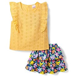 Babyhug Single Jersey Knit Frill Sleeves Schiffli Top & Skirt Set with Floral Print - Yellow & Navy Blue