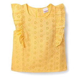 Babyhug Single Jersey Knit Frill Sleeves Schiffli Top & Skirt Set with Floral Print - Yellow & Navy Blue