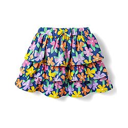 Babyhug Single Jersey Knit Frill Sleeves Schiffli Top & Skirt Set with Floral Print - Yellow & Navy Blue