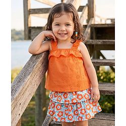 Babyhug Single Jersey Knit Sleeveless Top and Skirt Set with Floral Print - Orange & Blue