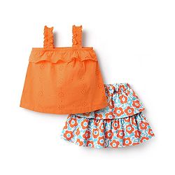 Babyhug Single Jersey Knit Sleeveless Top and Skirt Set with Floral Print - Orange & Blue