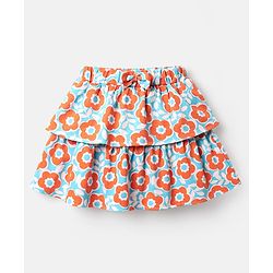 Babyhug Single Jersey Knit Sleeveless Top and Skirt Set with Floral Print - Orange & Blue