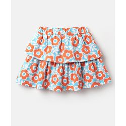 Babyhug Single Jersey Knit Sleeveless Top and Skirt Set with Floral Print - Orange & Blue
