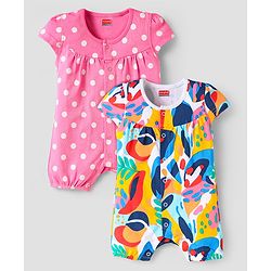 Babyhug Interlock Knit Half Sleeves Romper with Polka Dot & Abstract Print  Pack of 2 - Pink & Blue