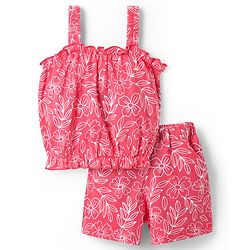 Babyhug SIngle Jersey Knit Sleeveless Top & Shorts with Floral Print - Red