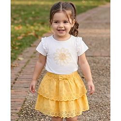 Babyhug Single Jersey Knit Half Sleeves Top & Schiffli Skirt Set With Floral Embroidery & Bow Applique - White & Yellow